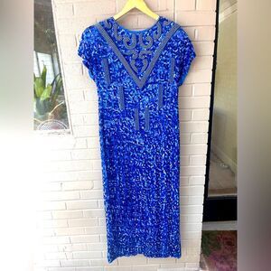 Relin Vintage Blue Sequin Maxi Dress Beaded 100% Silk Dynasty 1980s L